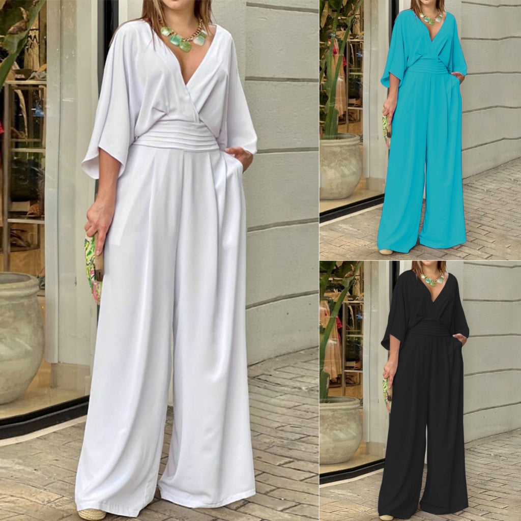 Women's V-neck Short-sleeve Casual Summer Jumpsuit — Solid Colour Street Style