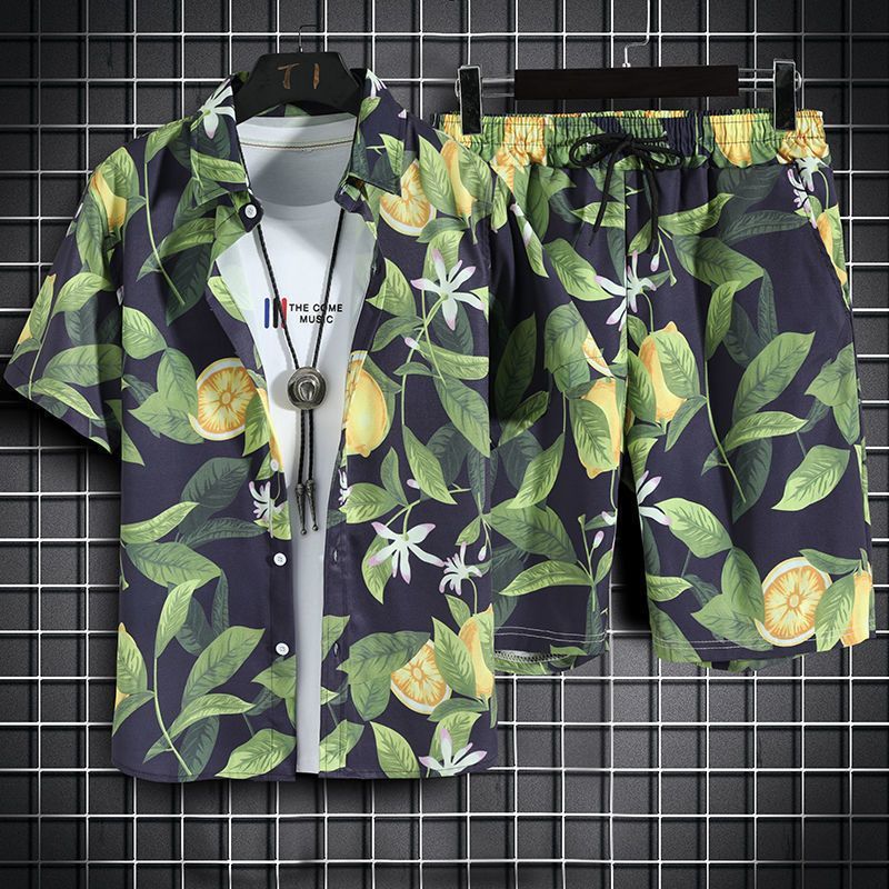 Mens Short-Sleeve Shirt And Casual Shorts Set