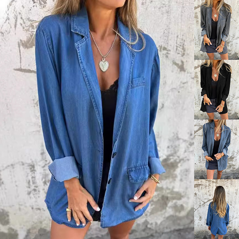 Women's Lapel Denim Shirt Jacket — Loose Fit Long Sleeve Streetwear