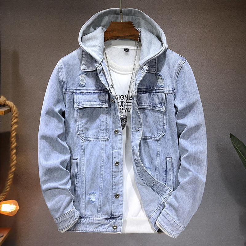 Men's Detachable Hooded Denim Jacket - Light Blue Cotton Jacket