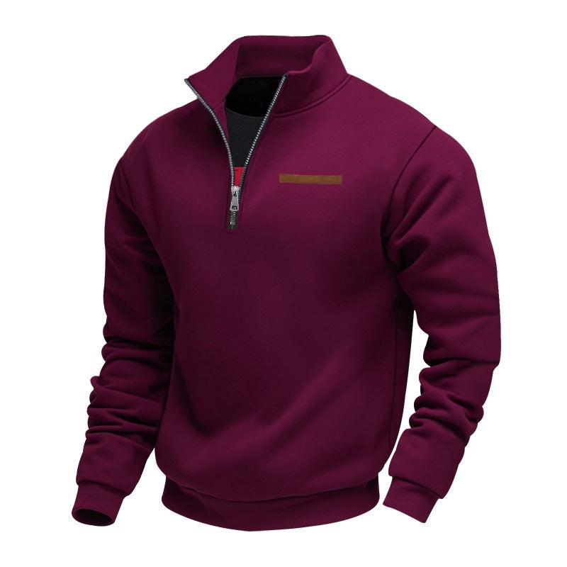 Men's Fleece-Lined Zip-Up Hoodie - Loose Fit Stand Collar