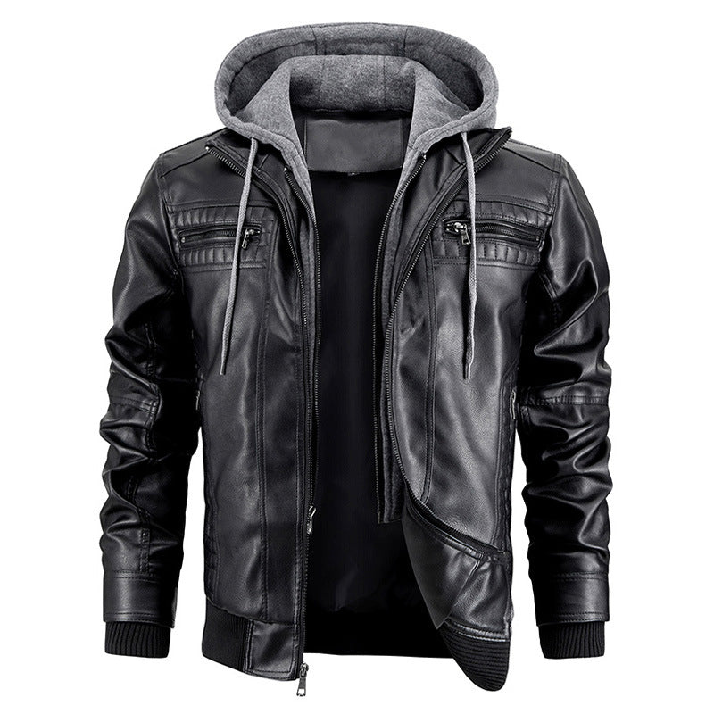 Men's Hooded PU Leather Jacket - Warm Zipper Pockets Fashion Coat
