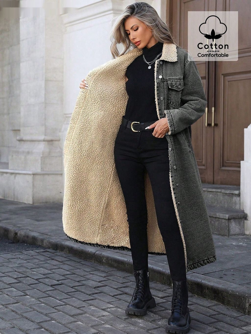 Women's Long Fleece-Lined Denim Jacket — Loose Streetwear Style