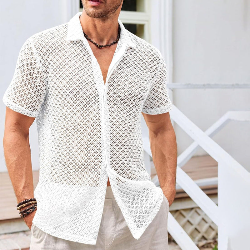 Men's Mesh Beach Shirt - Short Sleeve Lapel Summer Top