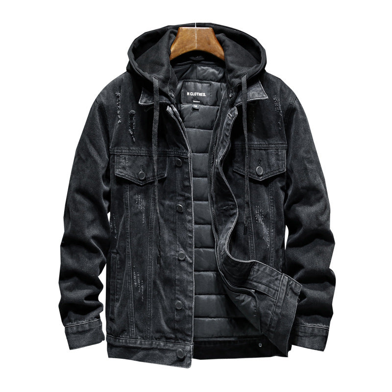 Men's Thick Hooded Denim Jacket - Winter Slim Fit Cotton
