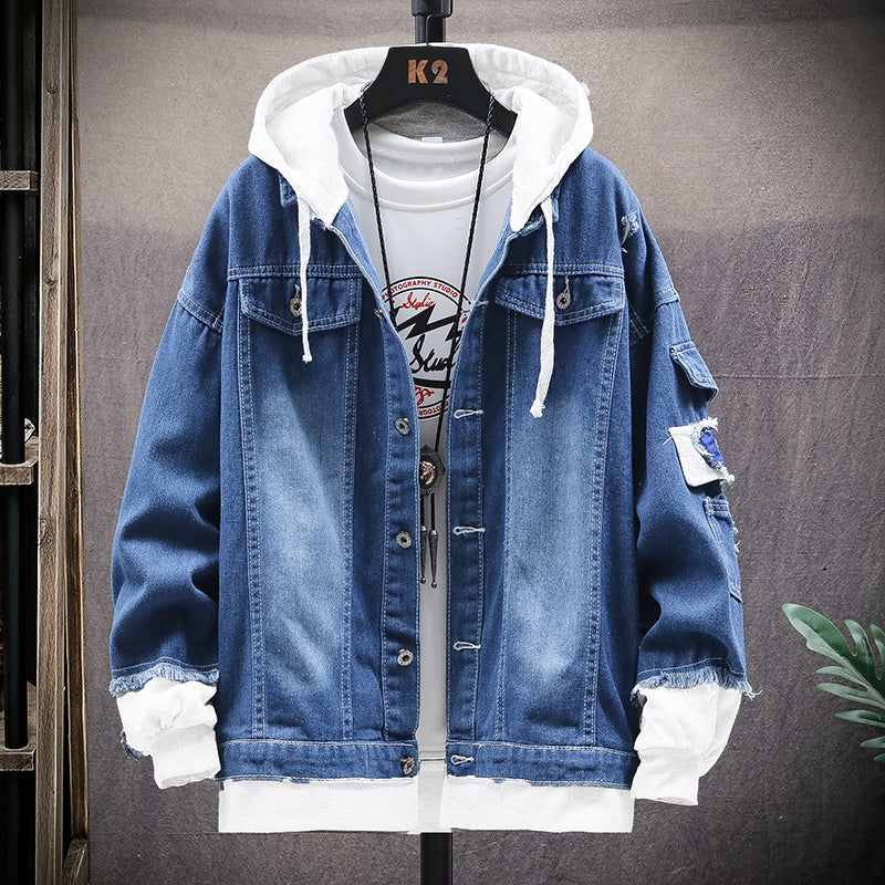 Men's Loose Gradient Denim Jacket - Thick Cotton Stand Collar