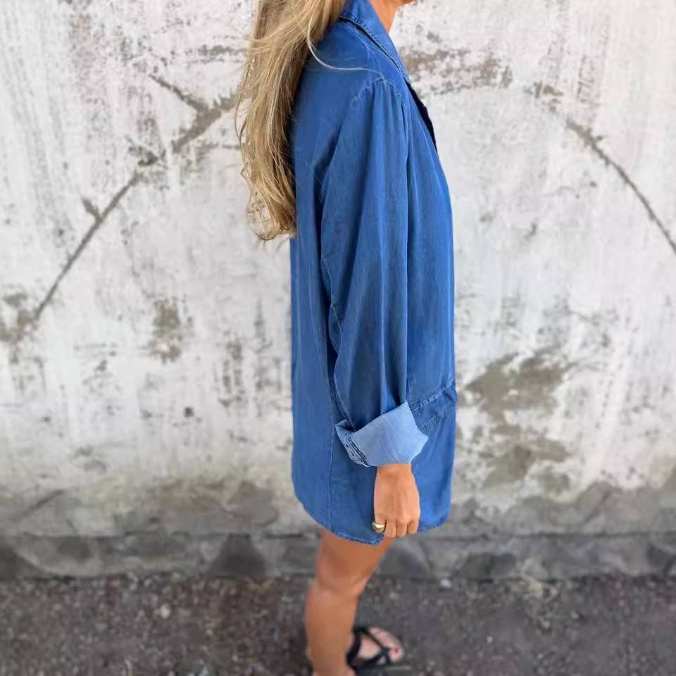 Women's Lapel Denim Shirt Jacket — Loose Fit Long Sleeve Streetwear