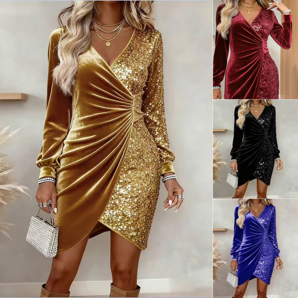 Women's Sequin Party Dress - Long Sleeve V-Neck Bodycon Dress