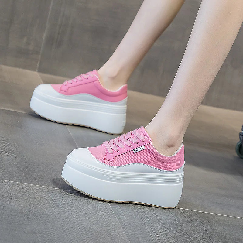 Women's Platform Wedge Sneakers - 8cm Hidden Heel Canvas Shoes