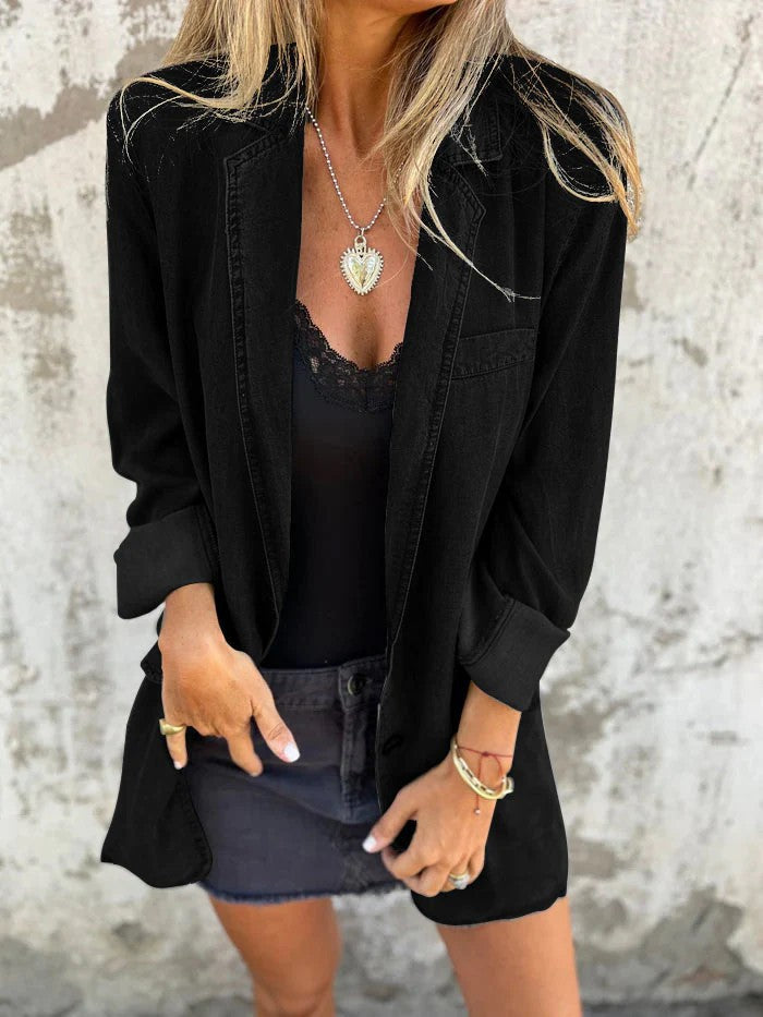 Women's Lapel Denim Shirt Jacket — Loose Fit Long Sleeve Streetwear