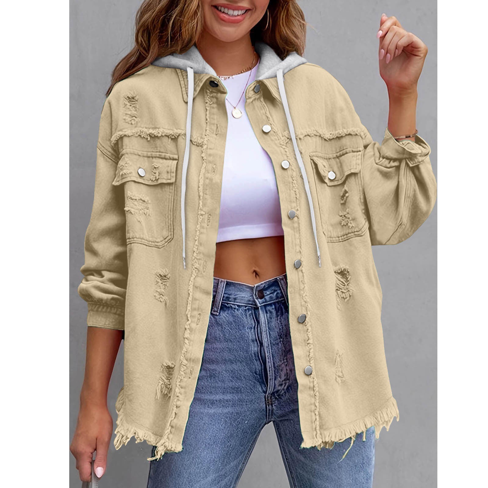 Women's Solid-Color Hooded Denim Jacket - 16 Colors Loose Fit