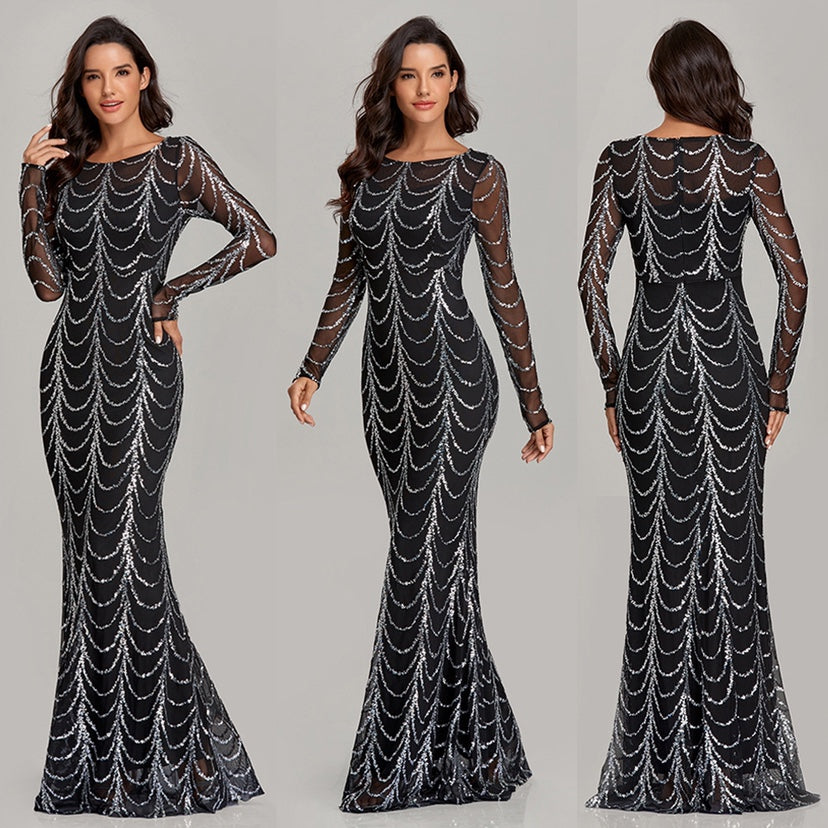 Women's Sequin Maxi Dress - Long Sleeve Party Dress