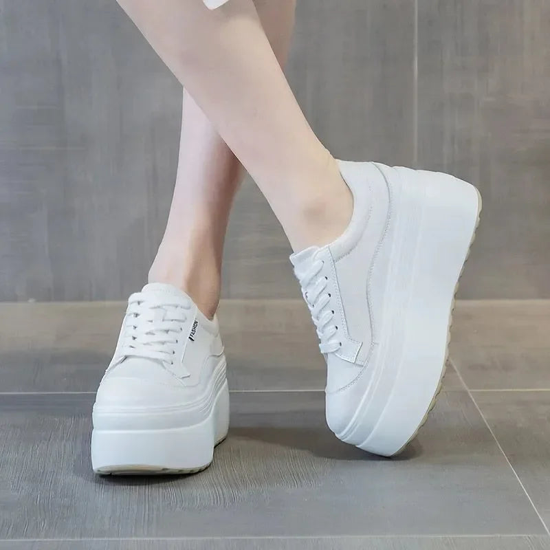 Women's Platform Wedge Sneakers - 8cm Hidden Heel Canvas Shoes