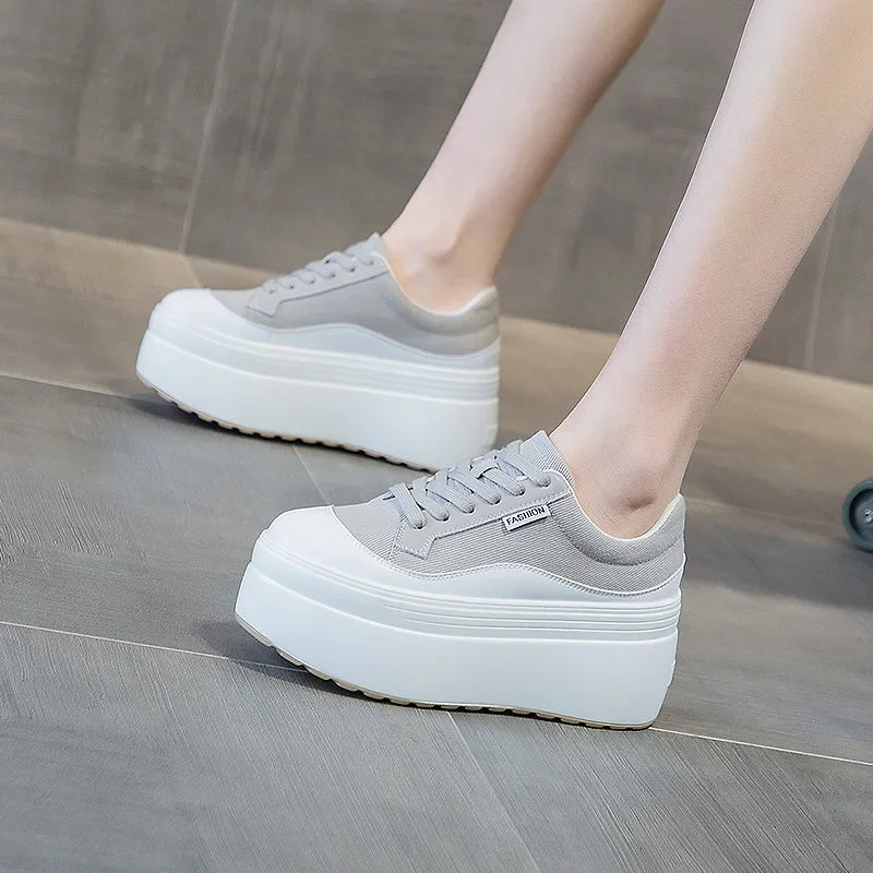 Women's Platform Wedge Sneakers - 8cm Hidden Heel Canvas Shoes