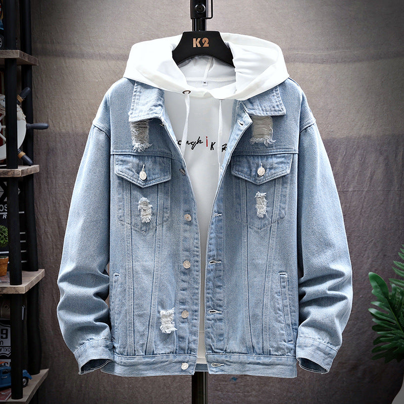 Men's Loose Gradient Denim Jacket - Thick Cotton Stand Collar