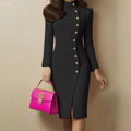 Women's Stand Collar Dress - Long Sleeve Button Front Dress