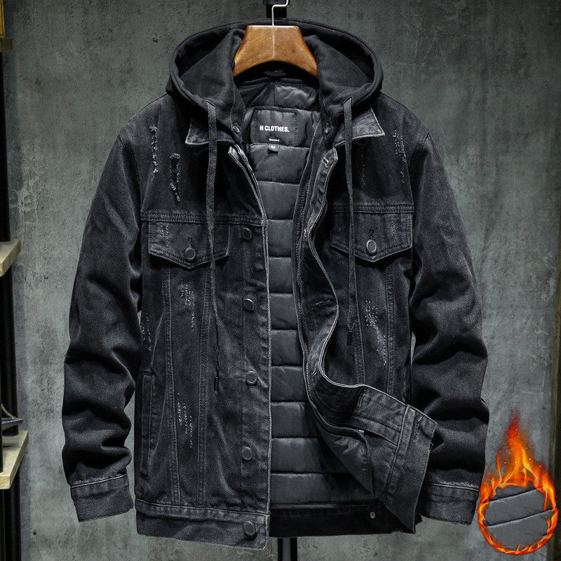 Men's Thick Hooded Denim Jacket - Winter Slim Fit Cotton