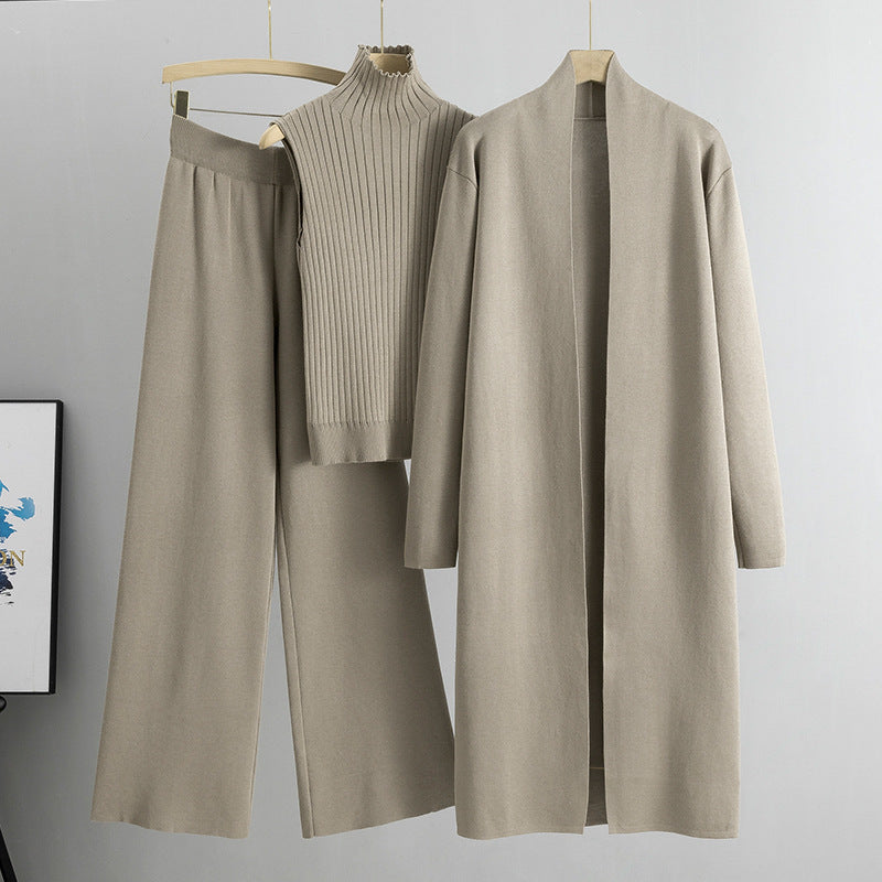 Women's 3-Piece Knit Set - Sleeveless Vest, Long Cardigan & Wide-Leg Pants