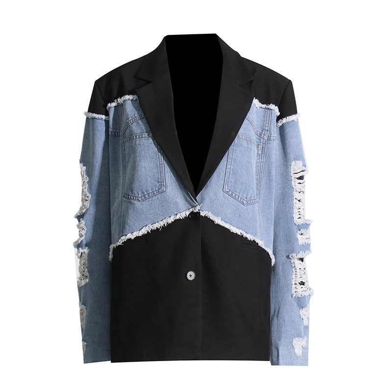 Retro Trendy Denim Patchwork Jacket — Contrast Colour Streetwear