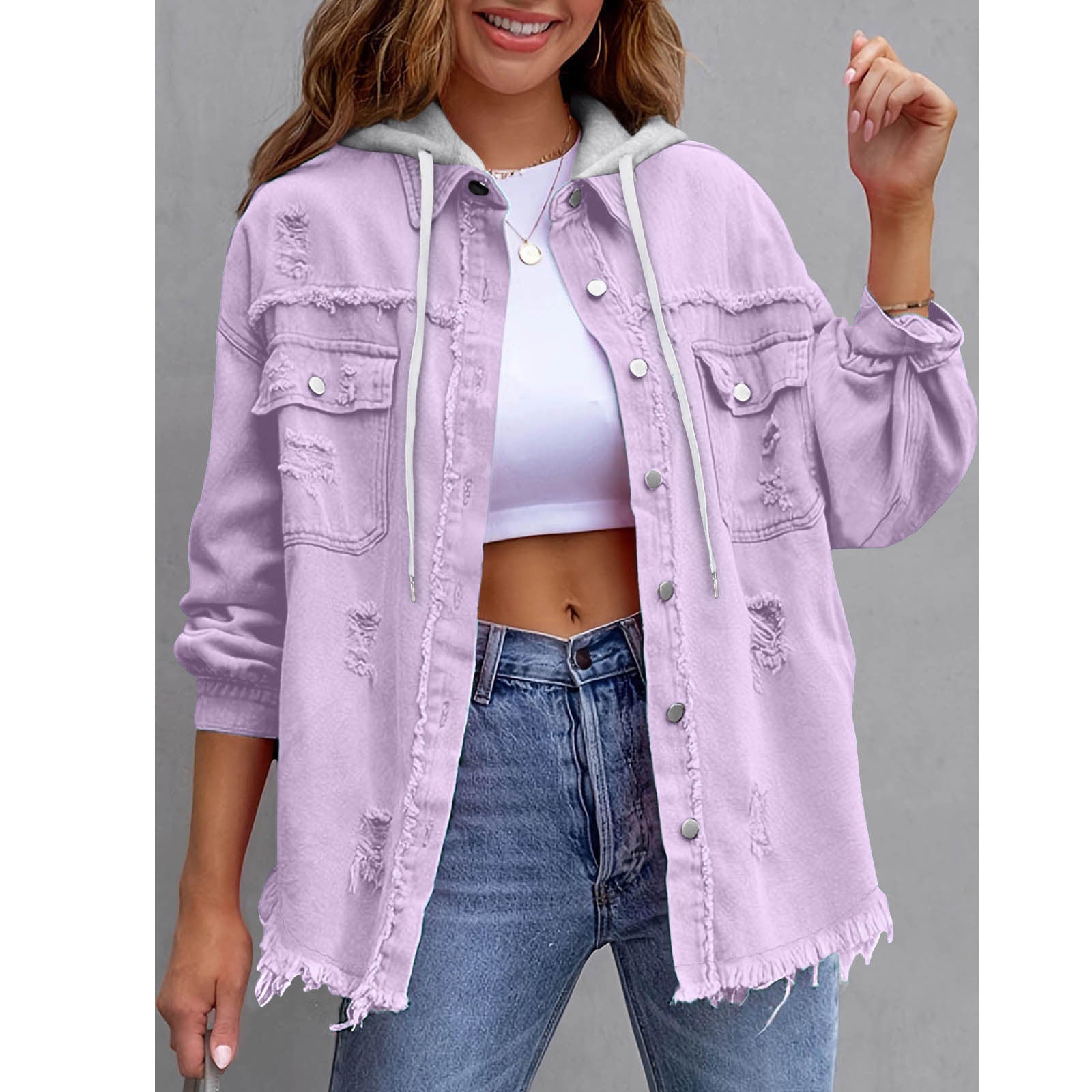 Women's Solid-Color Hooded Denim Jacket - 16 Colors Loose Fit