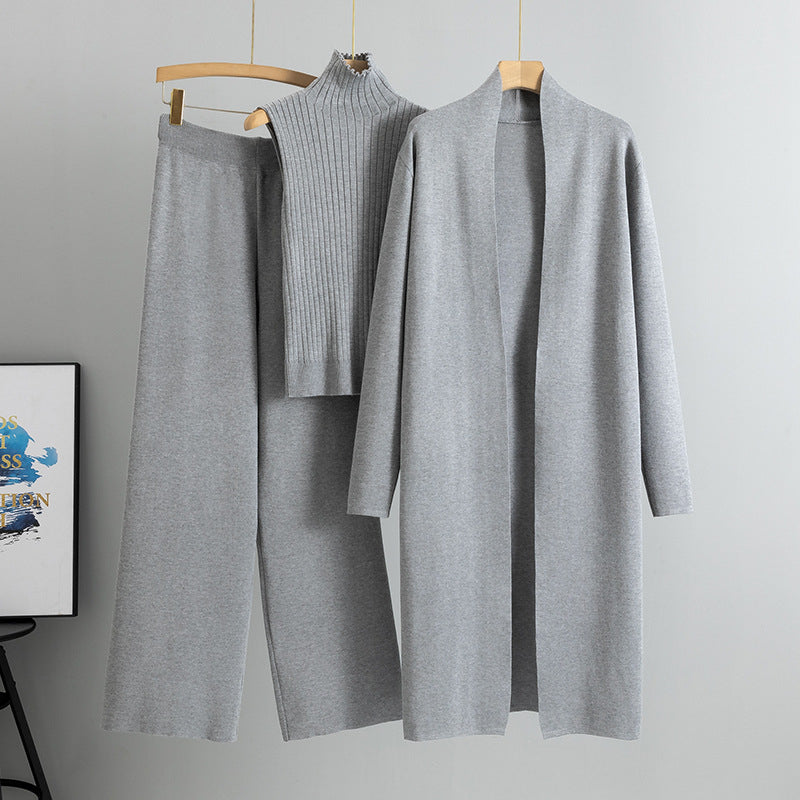 Women's 3-Piece Knit Set - Sleeveless Vest, Long Cardigan & Wide-Leg Pants