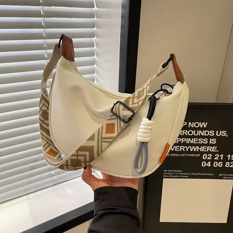 Women's Cream Crescent Hobo Bag with Boho Geometric Strap