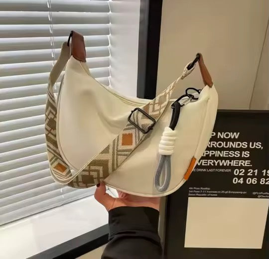 Women's Cream Crescent Hobo Bag with Boho Geometric Strap