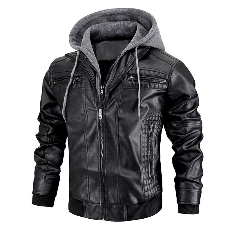 Men's Hooded PU Leather Jacket - Warm Zipper Pockets Fashion Coat