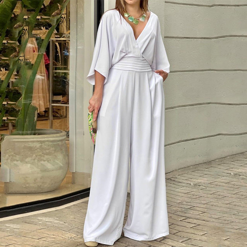 Women's V-neck Short-sleeve Casual Summer Jumpsuit — Solid Colour Street Style