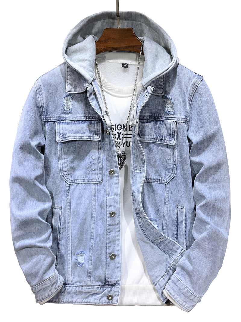 Men's Detachable Hooded Denim Jacket - Light Blue Cotton Jacket