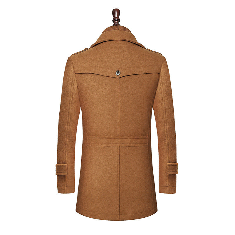 Men's Double Collar Woolen Coat - Vertical Zipper Business Jacket