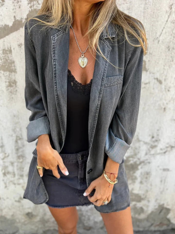 Women's Lapel Denim Shirt Jacket — Loose Fit Long Sleeve Streetwear