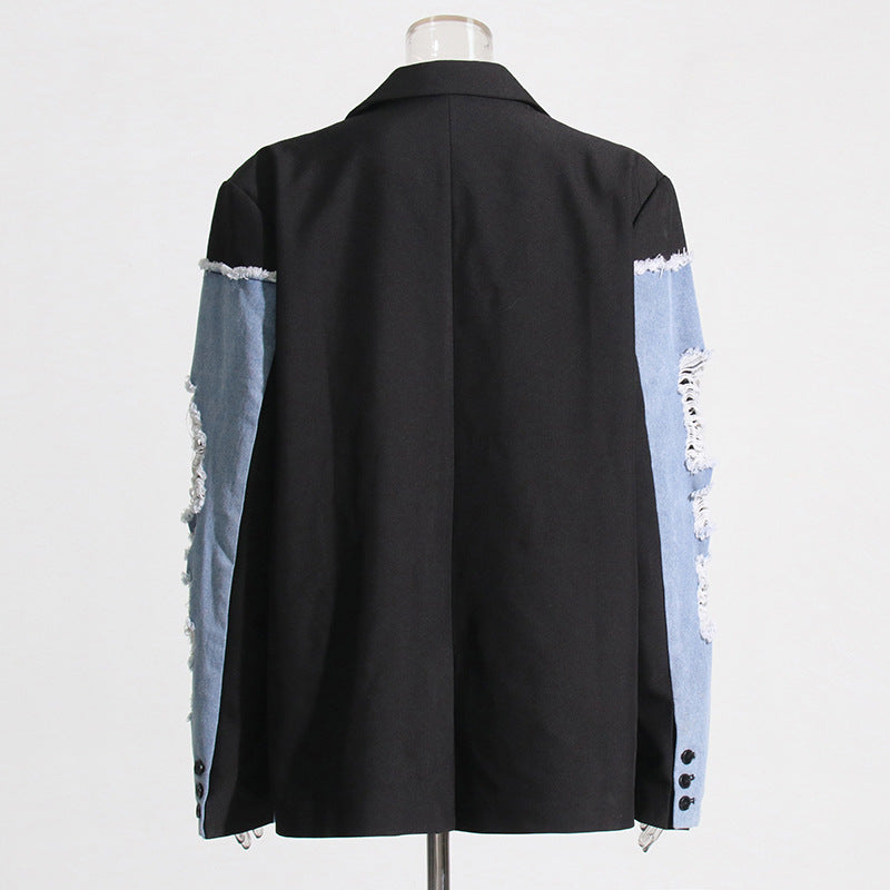 Retro Trendy Denim Patchwork Jacket — Contrast Colour Streetwear