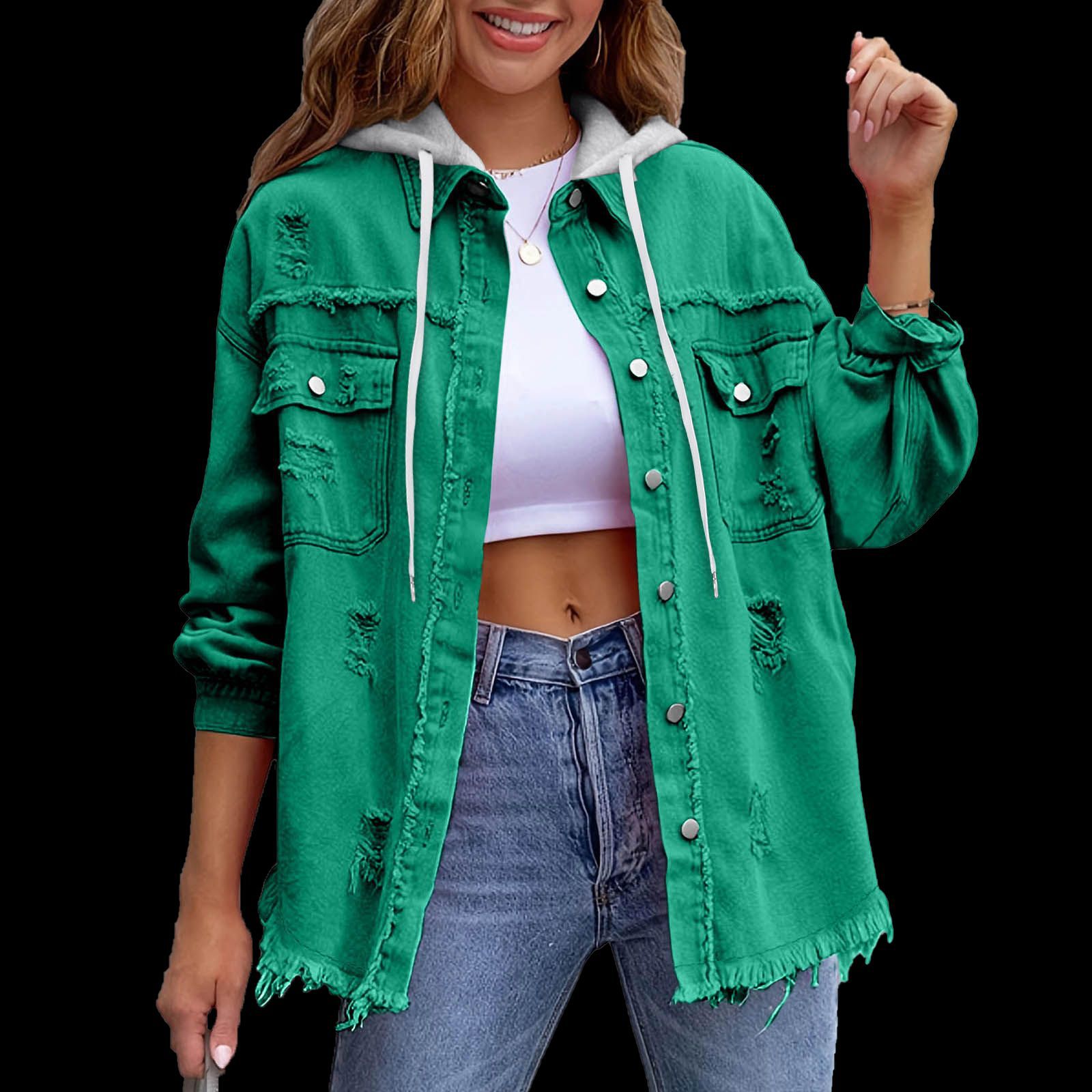 Women's Solid-Color Hooded Denim Jacket - 16 Colors Loose Fit