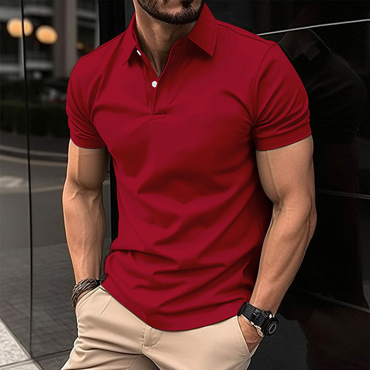 Men's Solid Polo Shirt - Short Sleeve Button Lapel Top
