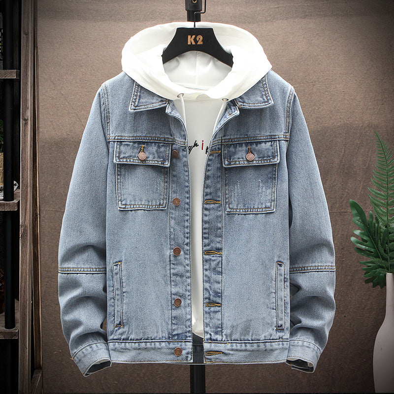 Men's Loose Gradient Denim Jacket - Thick Cotton Stand Collar