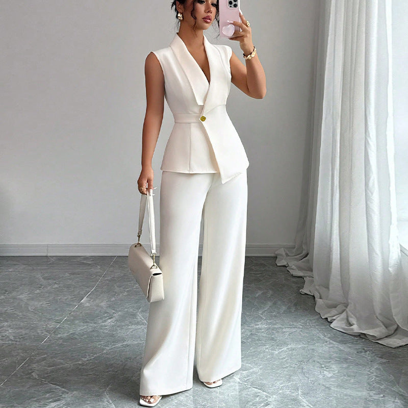 Women's Vest & Pants Suit Set - Sleeveless Top & Straight Leg Trousers