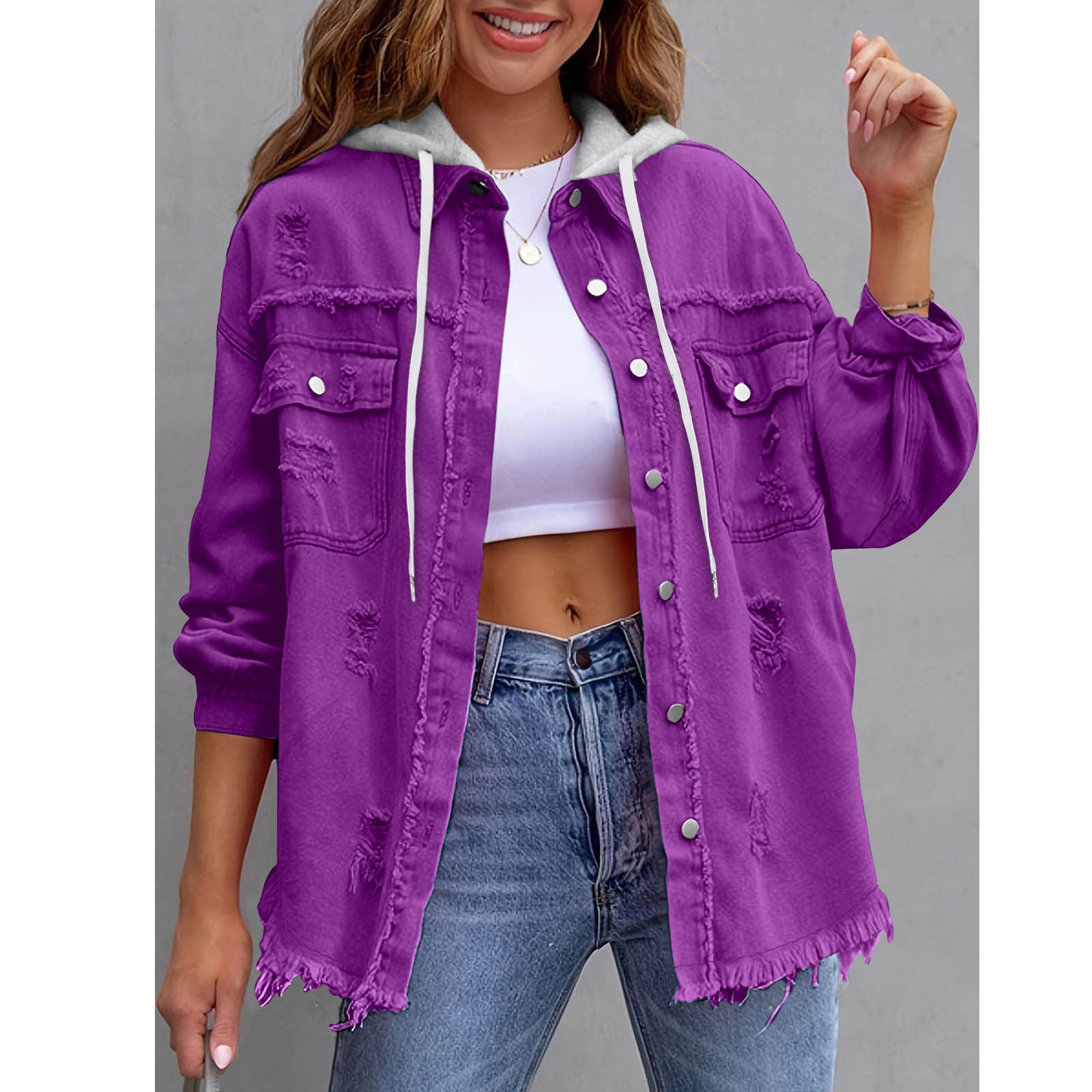 Women's Solid-Color Hooded Denim Jacket - 16 Colors Loose Fit