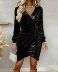 Women's Sequin Party Dress - Long Sleeve V-Neck Bodycon Dress