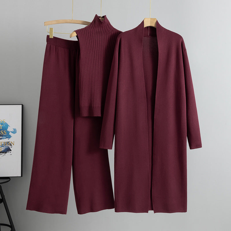 Women's 3-Piece Knit Set - Sleeveless Vest, Long Cardigan & Wide-Leg Pants