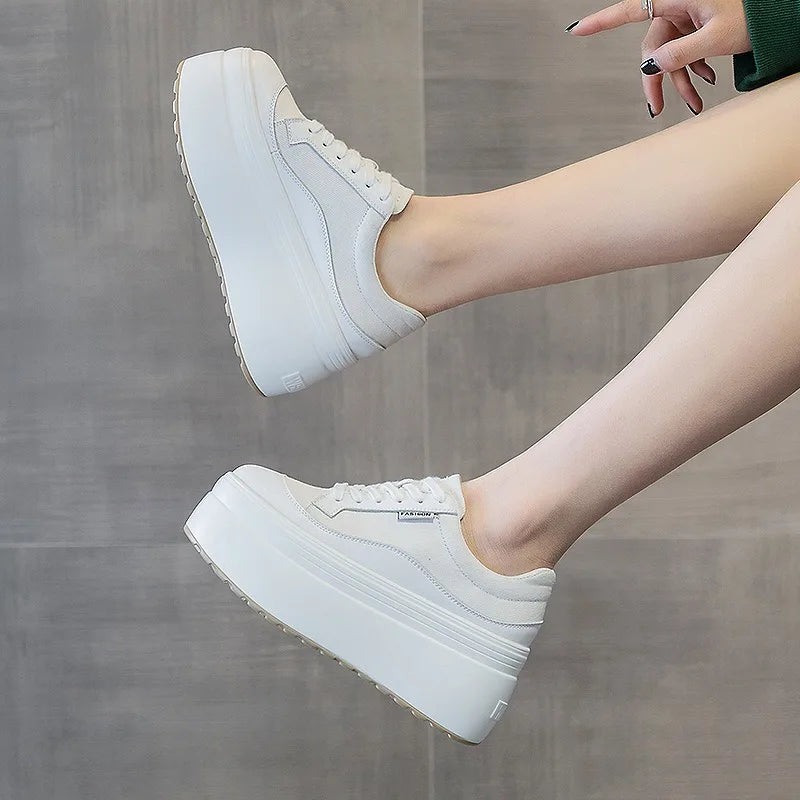 Women's Platform Wedge Sneakers - 8cm Hidden Heel Canvas Shoes