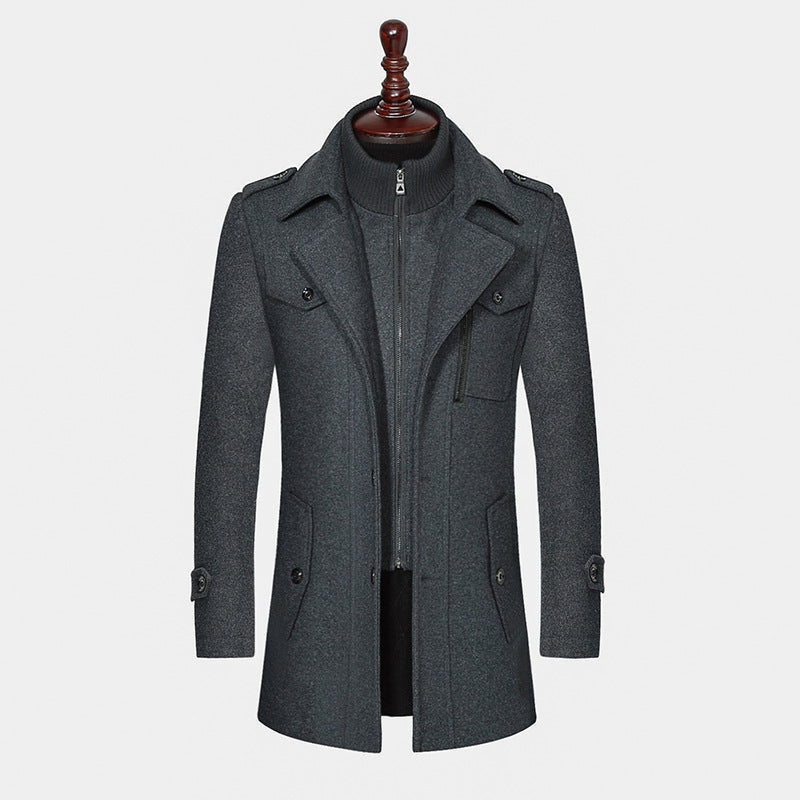 Men's Double Collar Woolen Coat - Vertical Zipper Business Jacket