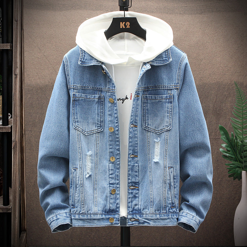 Men's Loose Gradient Denim Jacket - Thick Cotton Stand Collar