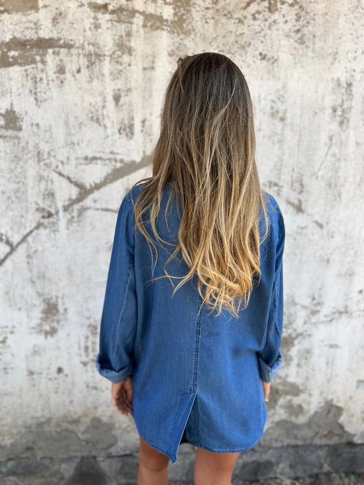 Women's Lapel Denim Shirt Jacket — Loose Fit Long Sleeve Streetwear