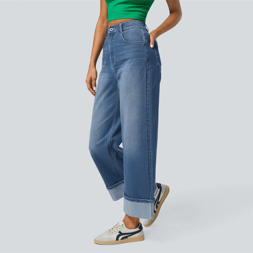 Women's Straight Jeans - High Waisted Denim Pants