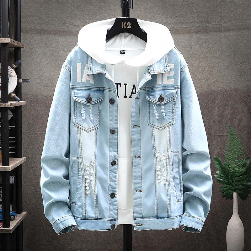 Men's Loose Gradient Denim Jacket - Thick Cotton Stand Collar