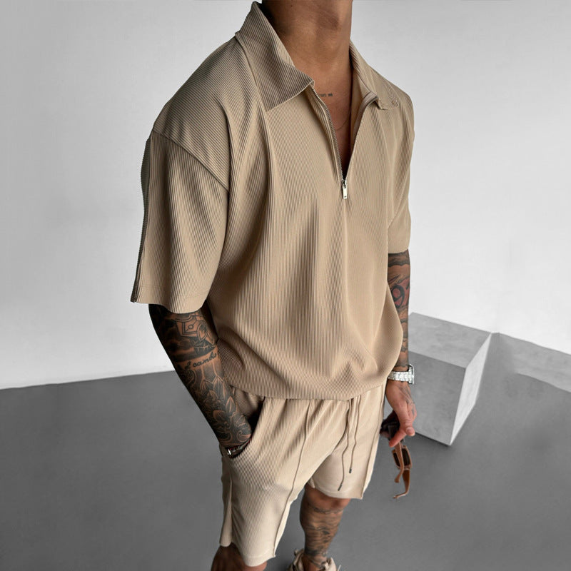 Men's 2-Piece Polo Set - Zipper Shirt & Drawstring Shorts Summer Outfit