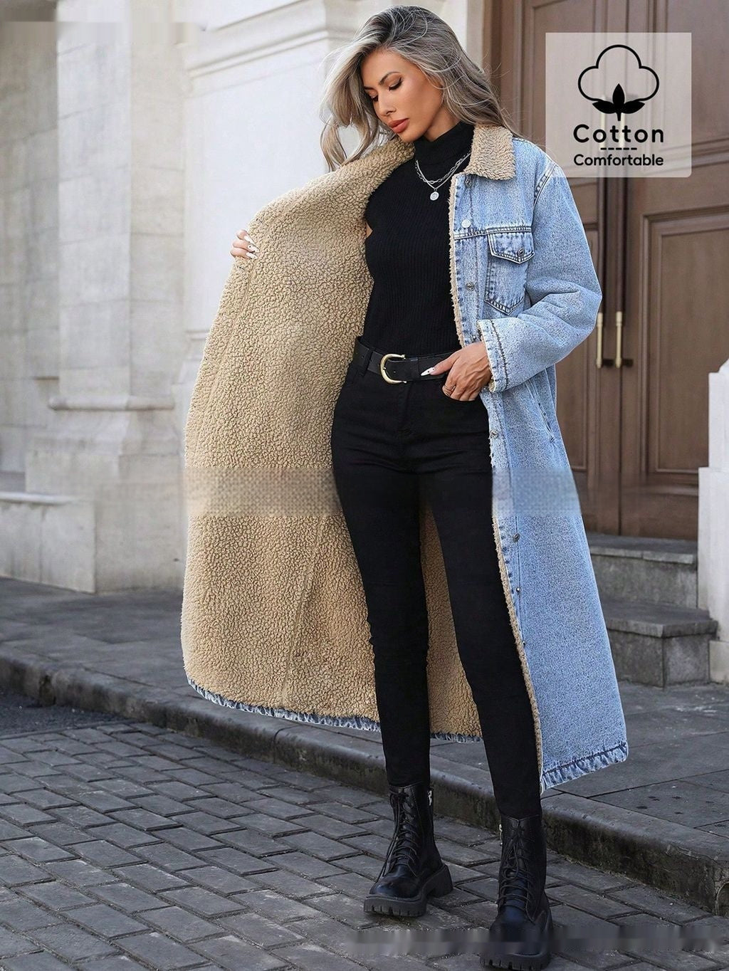 Women's Long Fleece-Lined Denim Jacket — Loose Streetwear Style