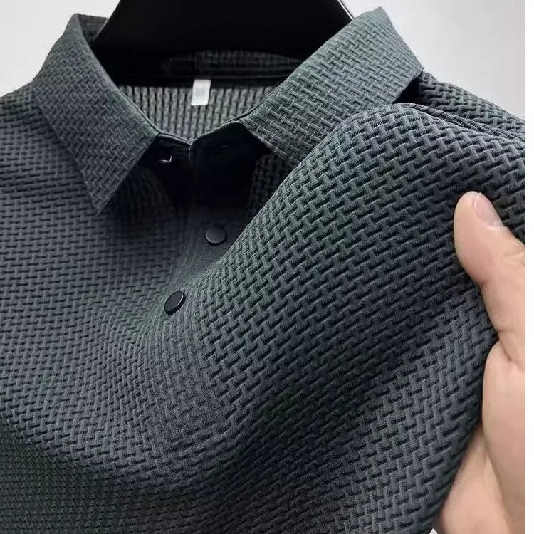 Summer New Men's Lop-up Hollow Short-sleeved Polo Tee Shirt Ice Silk Breathable Business Fashion T-Shirt Male Brand Clothes