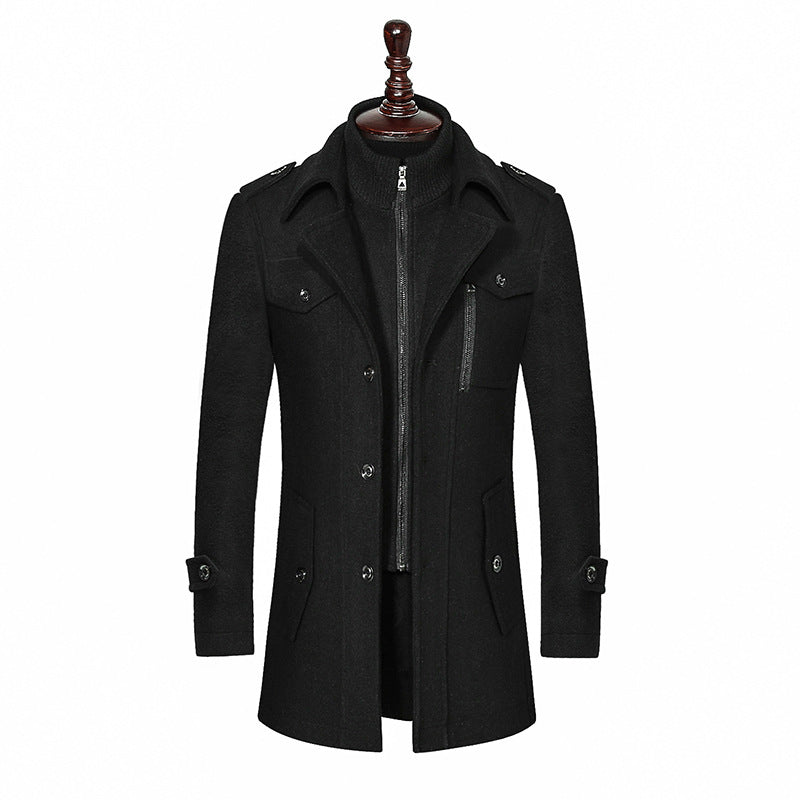 Men's Double Collar Woolen Coat - Vertical Zipper Business Jacket